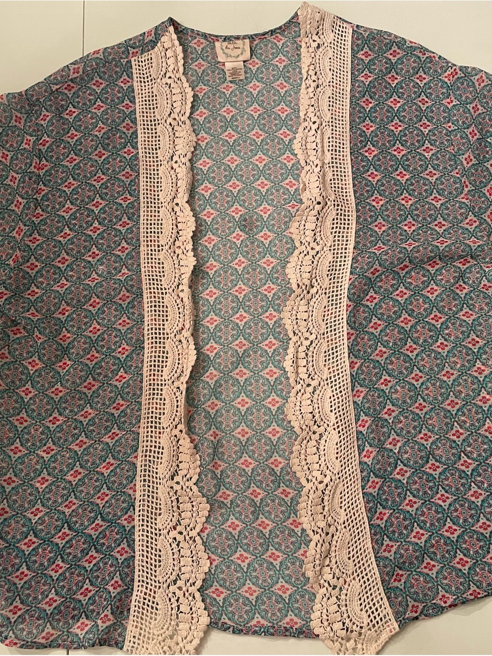 Belle Du Jour Teal and Pink Patterned Kimono with Cream Crochet Trim